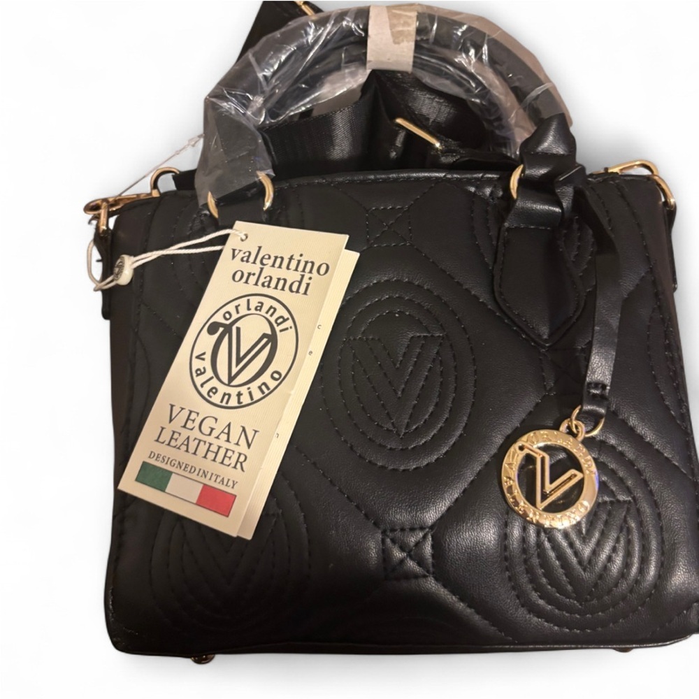 Valentino Orlandi Black Vegan Leather Mini Bag with Gold Details